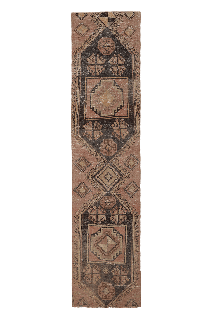 Vintage Malatya Turkish Runner Rug 2x10 ft — Brown & Beige Geometric (No. 59879)