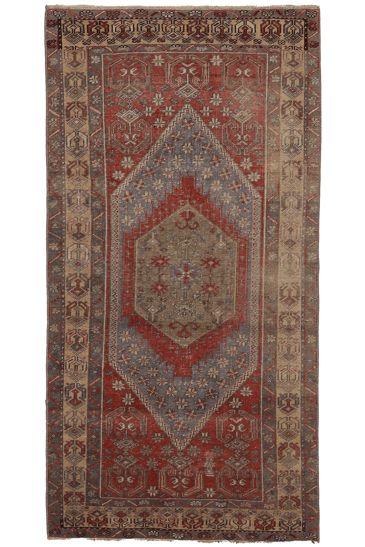 Vintage Kayseri Turkish Runner Rug 3x6 ft — Red & Blue Geometric
