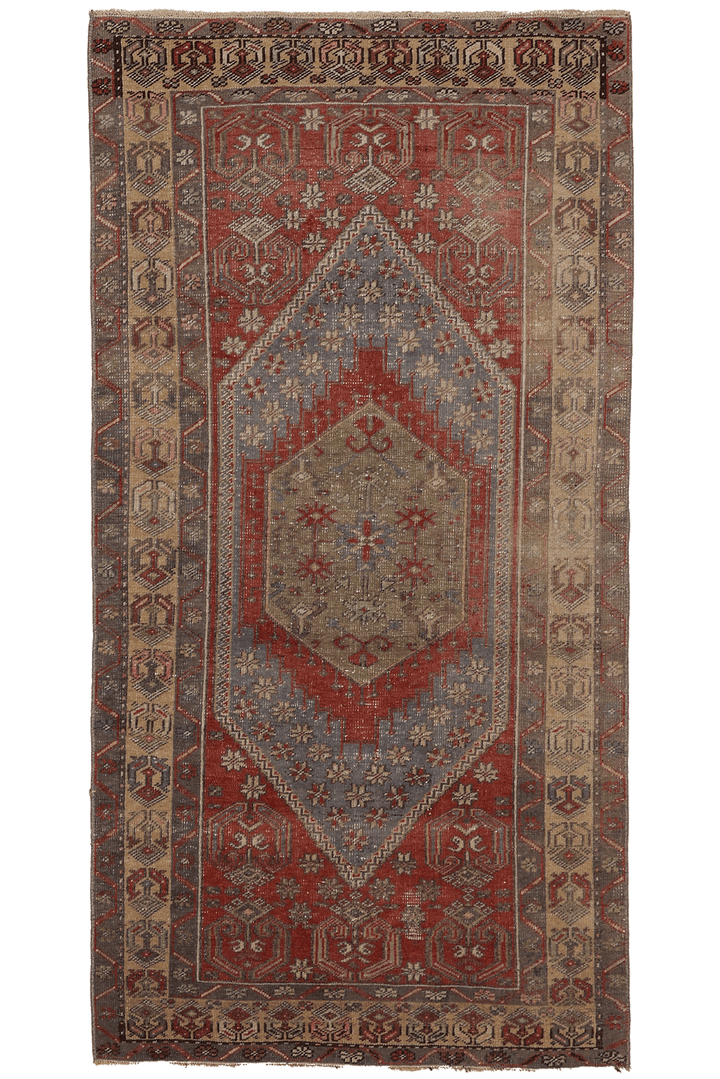 Vintage Kayseri Turkish Runner Rug 3x6 ft — Red & Blue Geometric