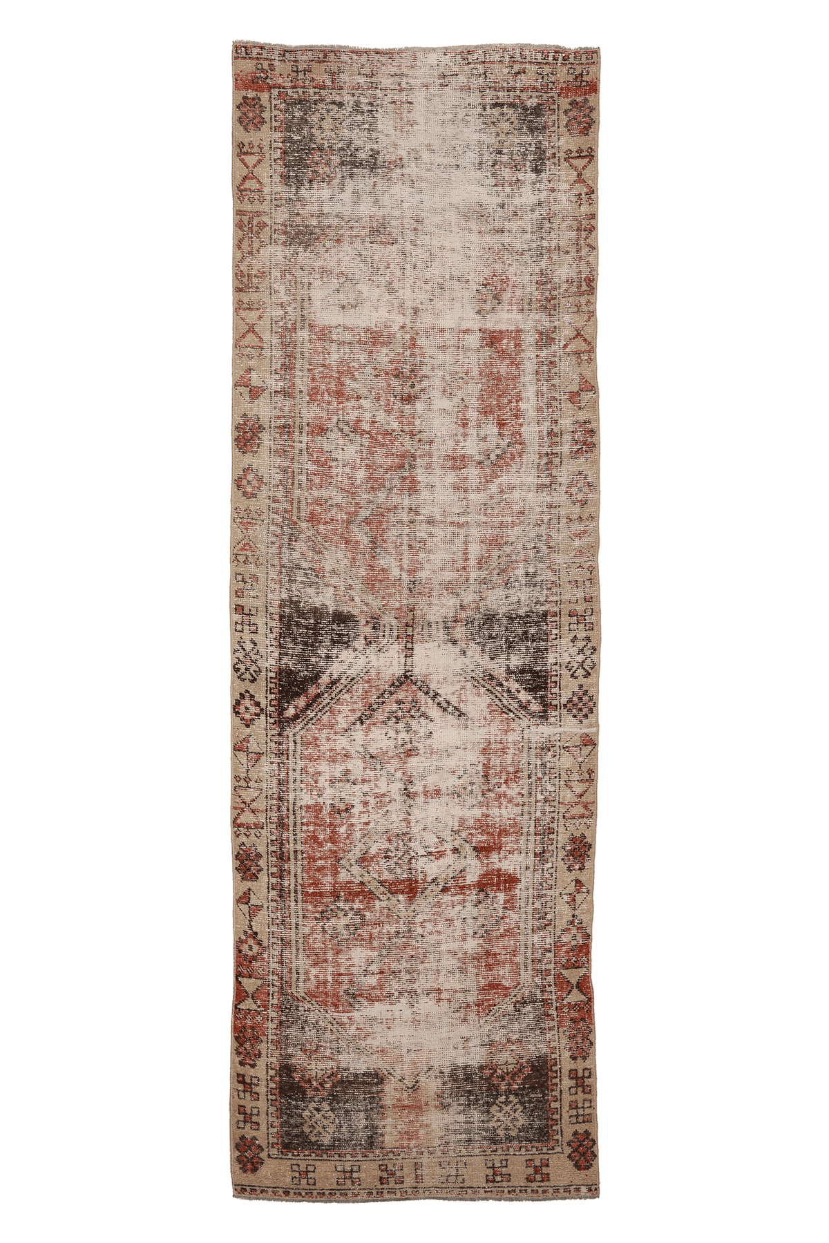 Vintage Malatya Turkish Runner Rug 3x10 ft — Beige & Red Distressed