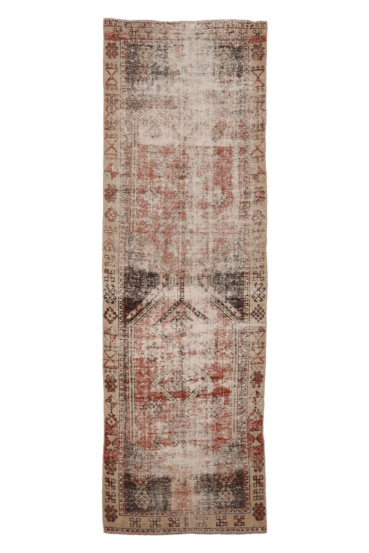Vintage Malatya Turkish Runner Rug 3x10 ft — Beige & Red Distressed