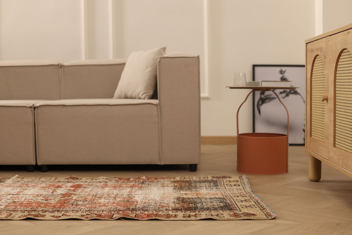 Vintage Malatya Turkish Runner Rug 3x10 ft — Beige & Red Distressed