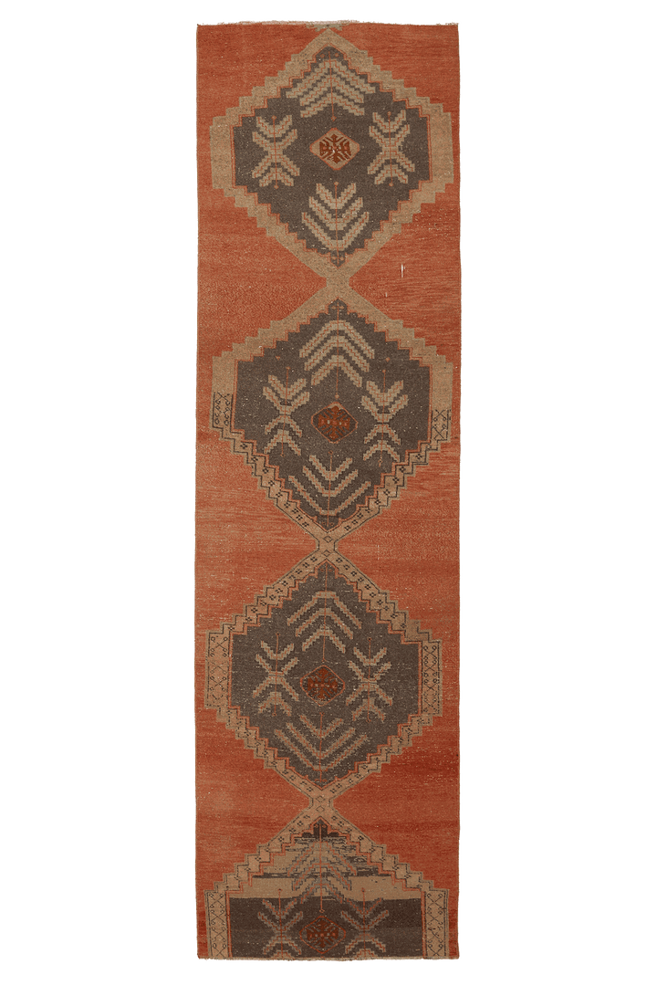Vintage Malatya Turkish Runner Rug 3x11 ft — Orange & Brown Geometric