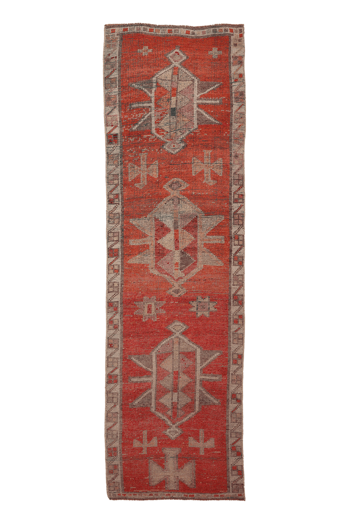Vintage Southeastern Persian Style Runner Rug 3x11 ft — Red & Beige Geometric