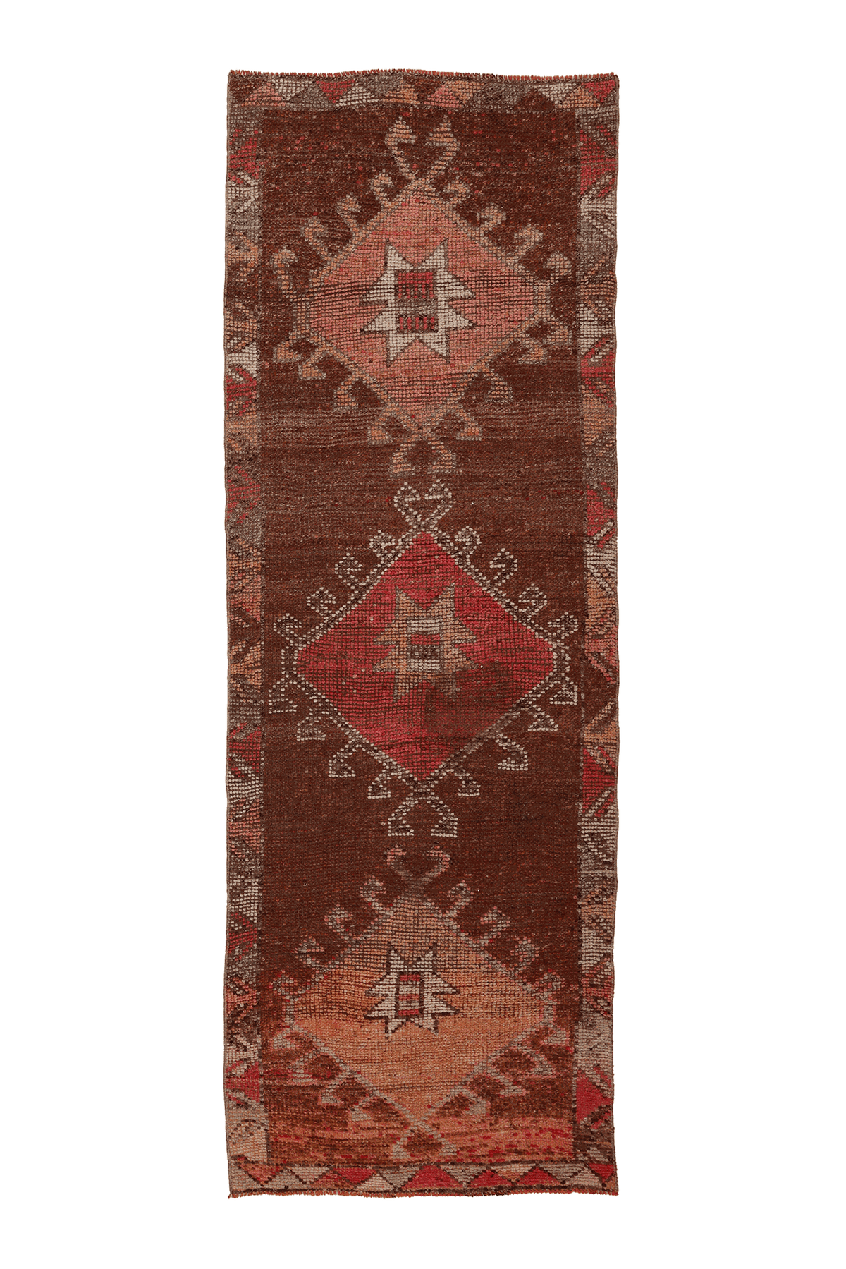 Vintage Southeastern Persian Style Runner Rug 3x9 ft — Brown & Red Geometric