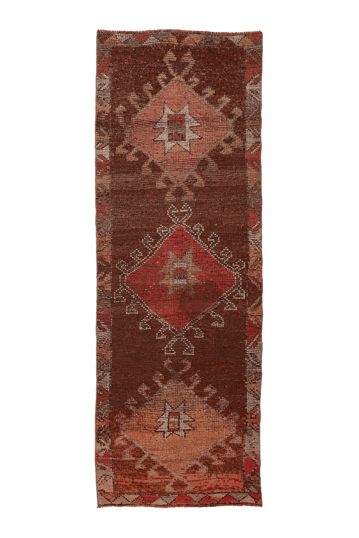 Vintage Southeastern Persian Style Runner Rug 3x9 ft — Brown & Red Geometric