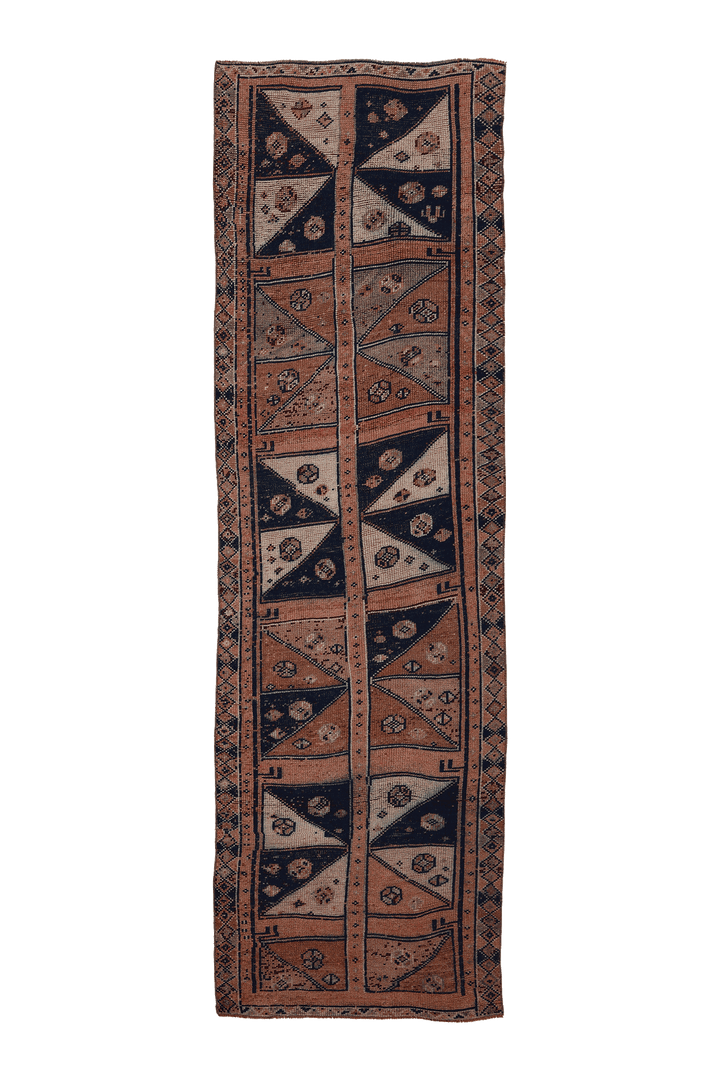 Vintage Southeastern Persian Style Runner Rug 3x12 ft — Brown & Blue Geometric