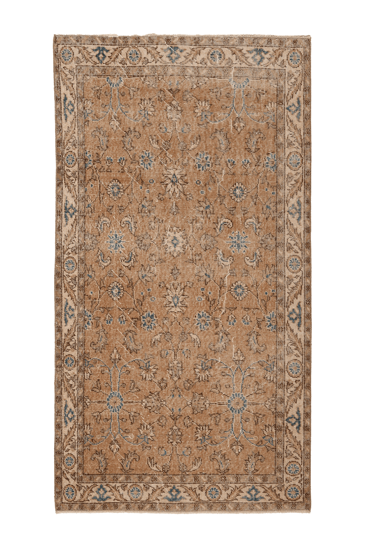 Vintage Isparta Turkish Area Rug 4x7 ft — Brown & Beige Floral