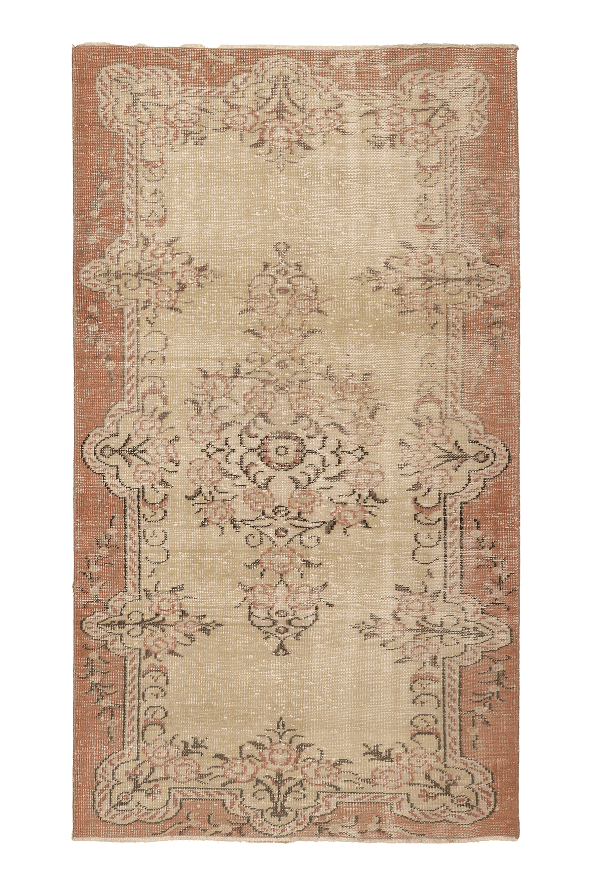 Vintage Isparta Turkish Area Rug 4x7 ft — Beige & Orange Floral