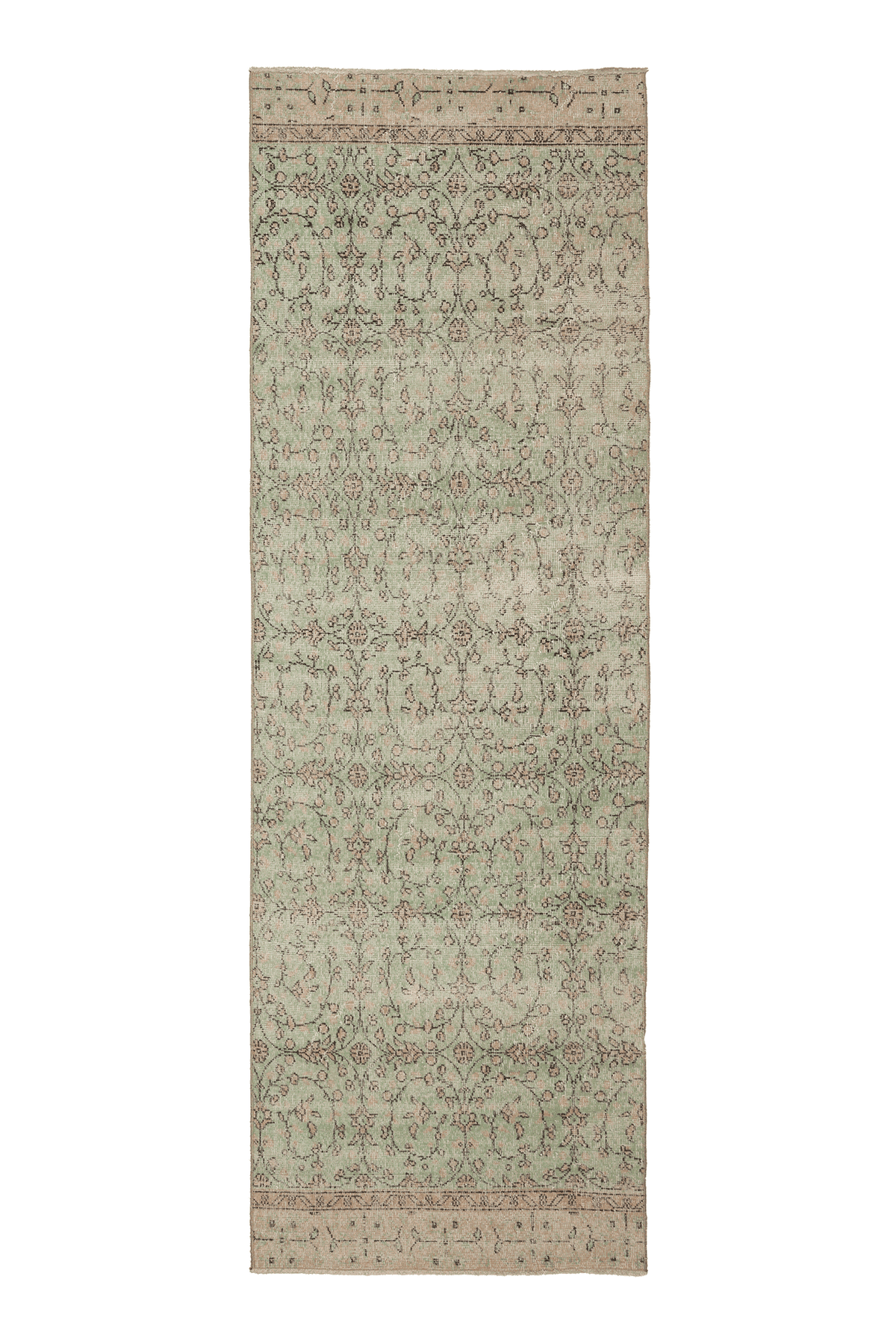 Vintage Isparta Turkish Runner Rug 3x10 ft — Green & Beige Floral