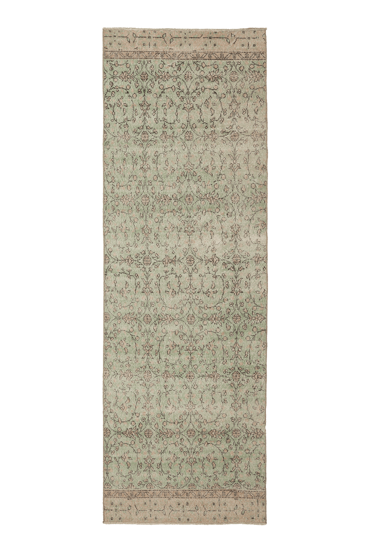 Vintage Isparta Turkish Runner Rug 3x10 ft — Green & Beige Floral