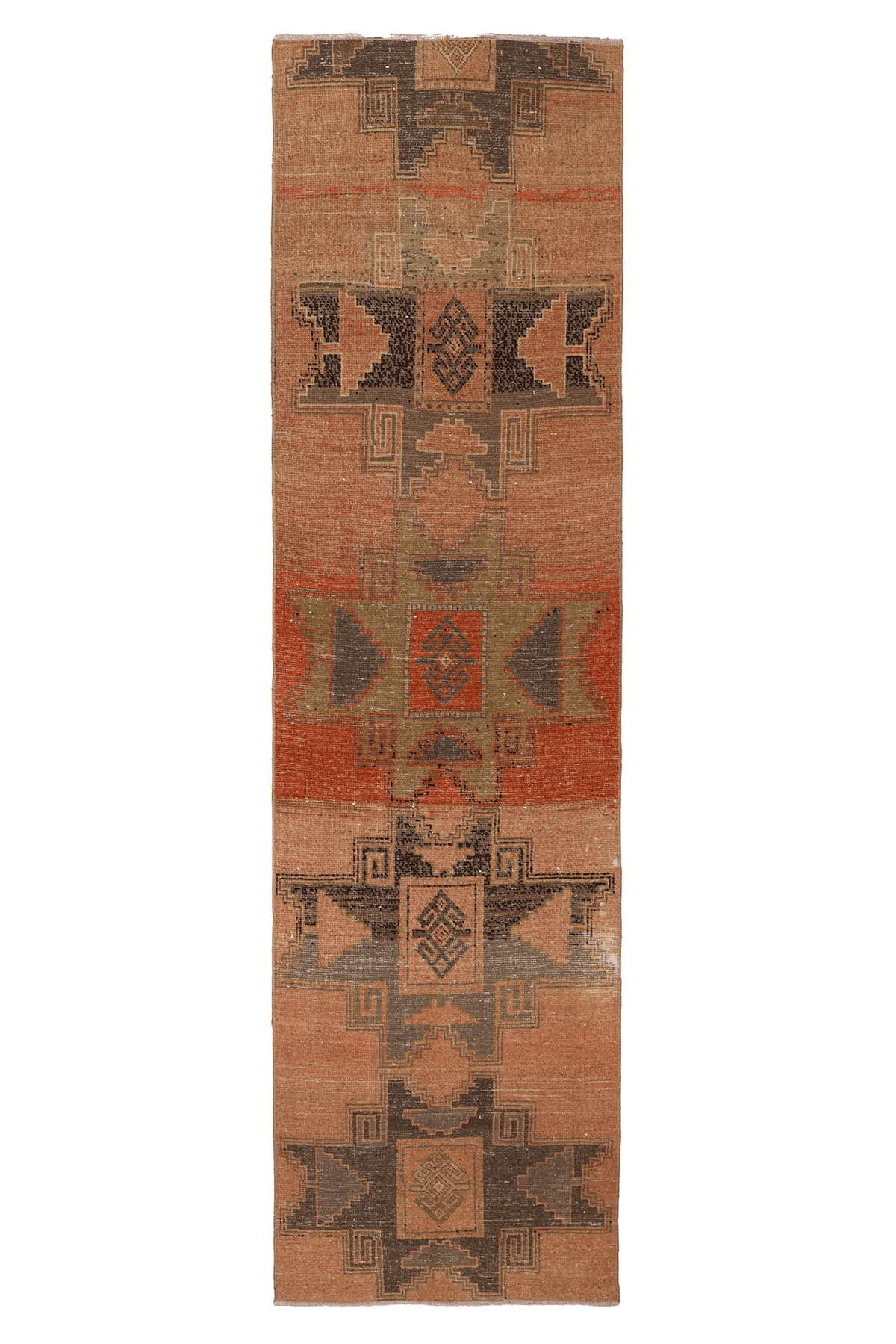 Vintage Malatya Turkish Runner Rug 2x8 ft — Brown & Orange Geometric