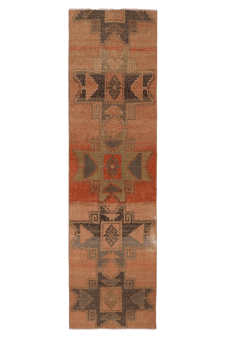 Vintage Malatya Turkish Runner Rug 2x8 ft — Brown & Orange Geometric