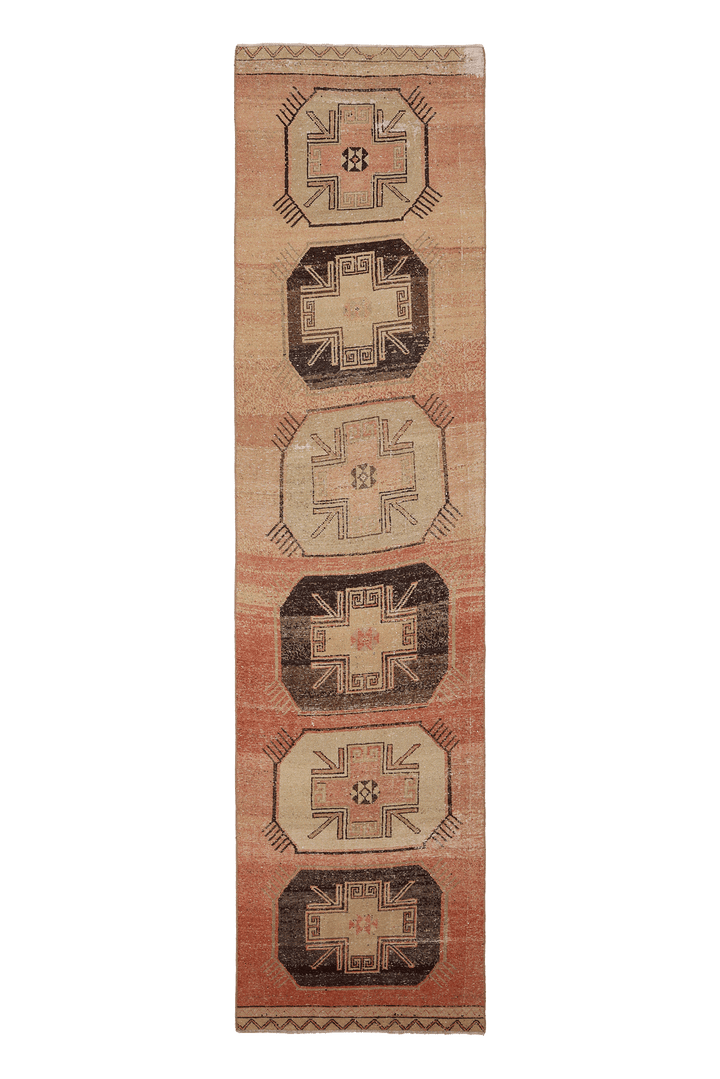 Vintage Malatya Turkish Runner Rug 3x12 ft — Brown & Beige Geometric