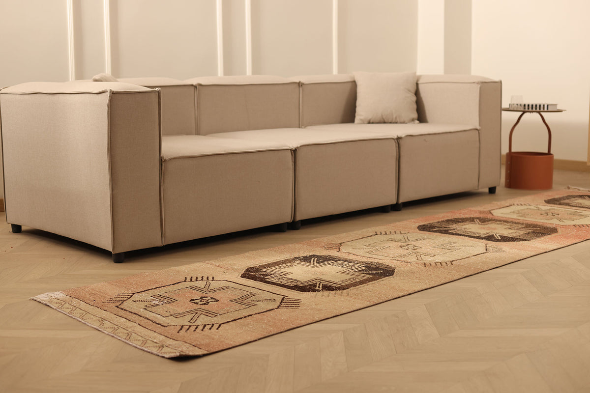 Vintage Malatya Turkish Runner Rug 3x12 ft — Brown & Beige Geometric