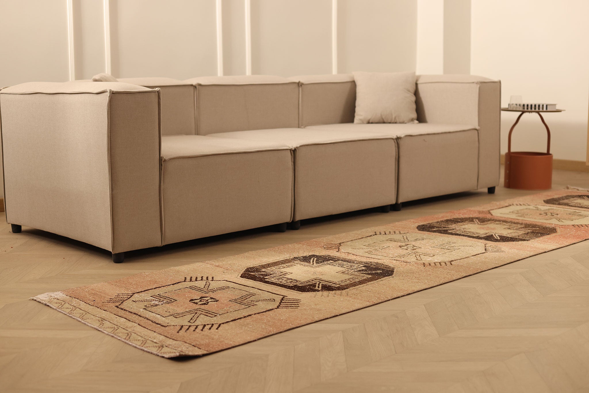 Vintage Malatya Turkish Runner Rug 3x12 ft — Brown & Beige Geometric