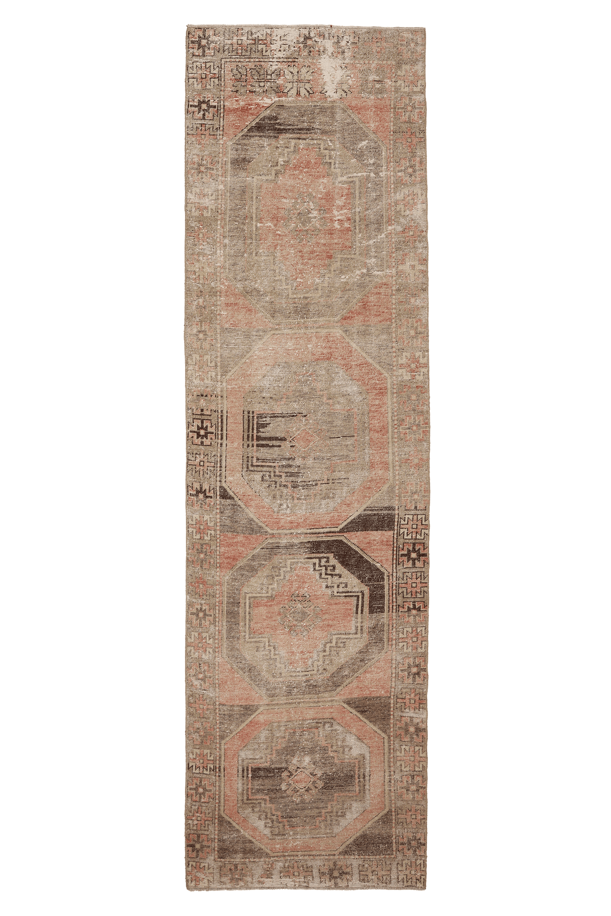 Vintage Malatya Turkish Runner Rug 3x12 ft — Beige & Pink Geometric