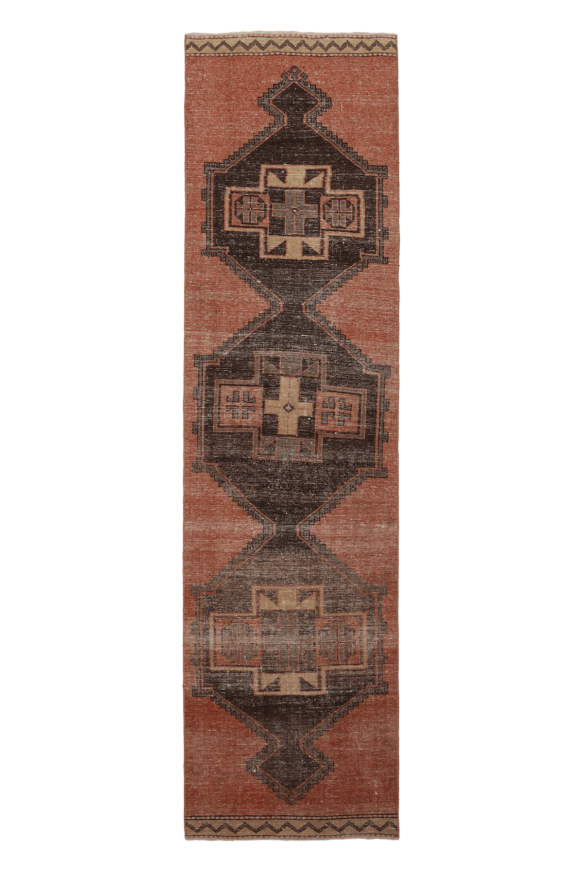 Vintage Malatya Turkish Runner Rug 3x11 ft — Brown & Red Geometric