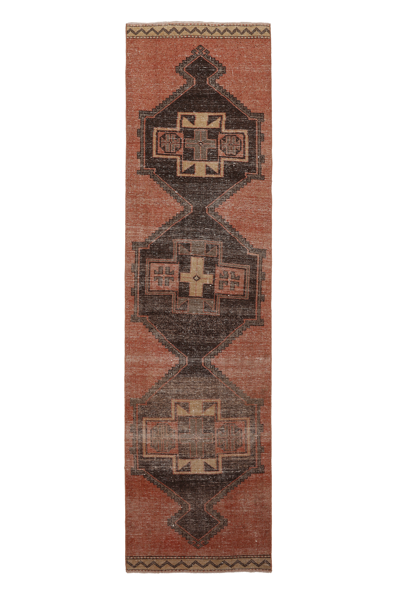 Vintage Malatya Turkish Runner Rug 3x11 ft — Brown & Red Geometric