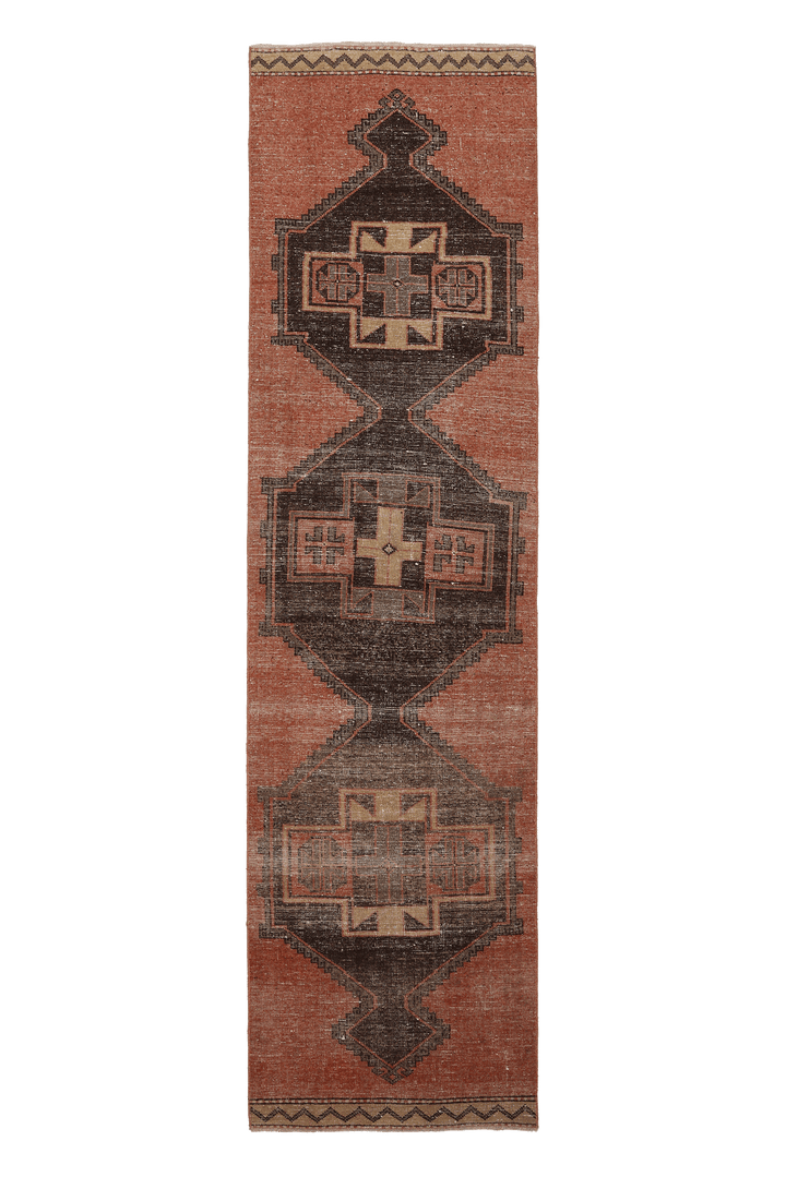 Vintage Malatya Turkish Runner Rug 3x11 ft — Brown & Red Geometric