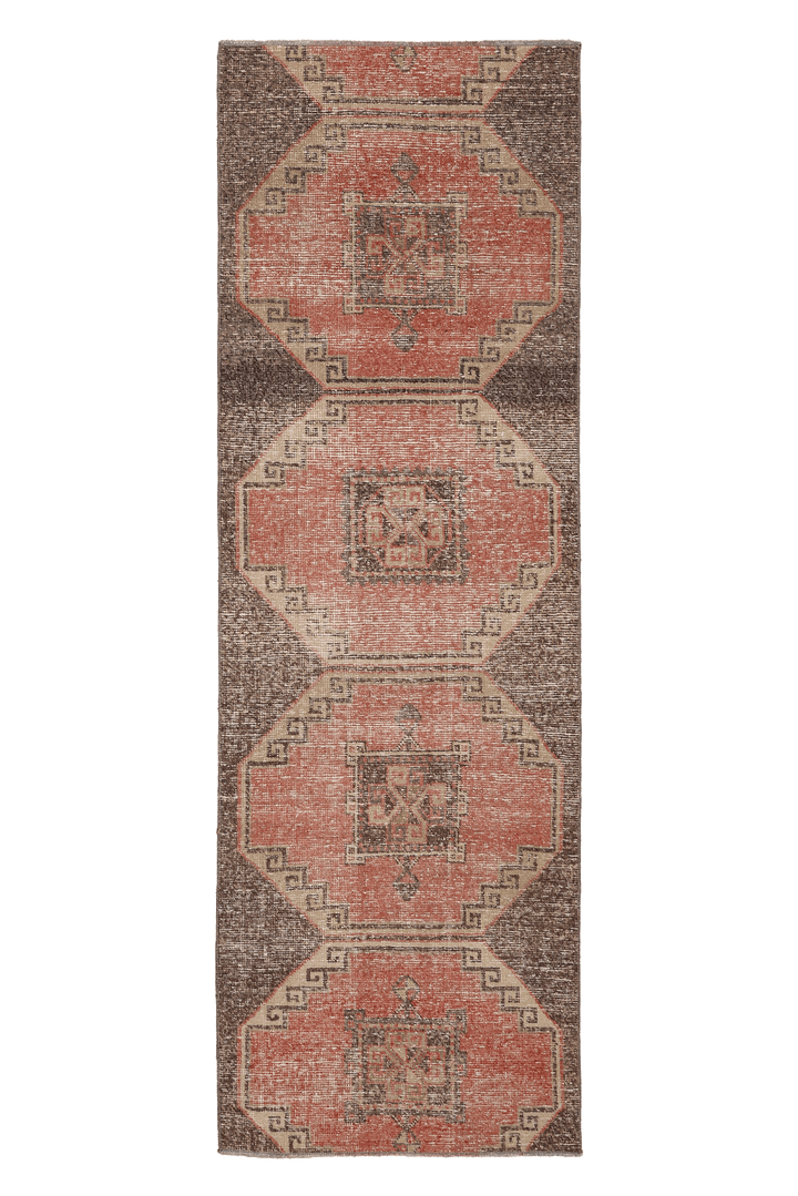 Vintage Malatya Turkish Runner Rug 2x8 ft — Red & Brown Geometric