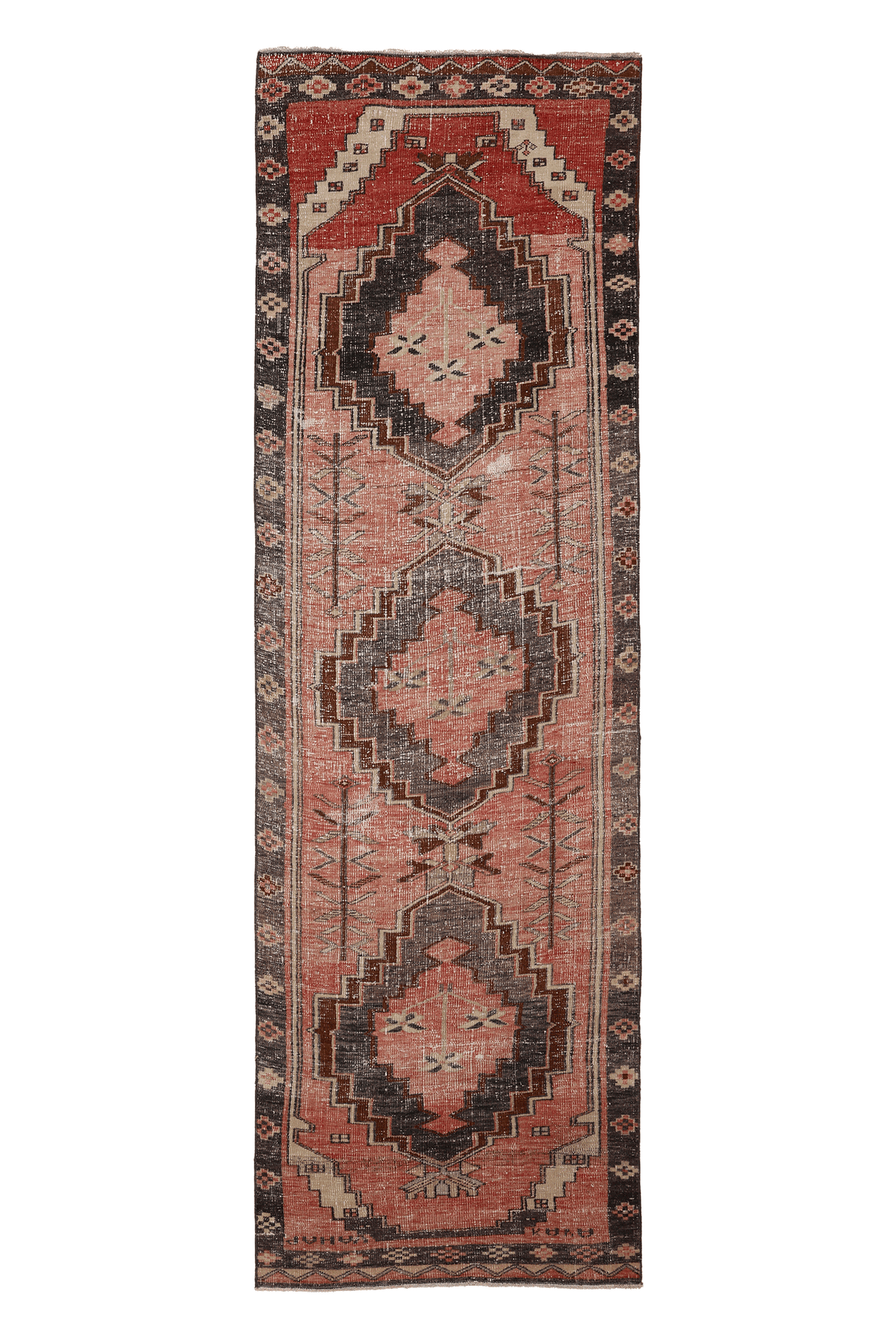 Vintage Malatya Turkish Runner Rug 3x11 ft — Pink & Gray Geometric