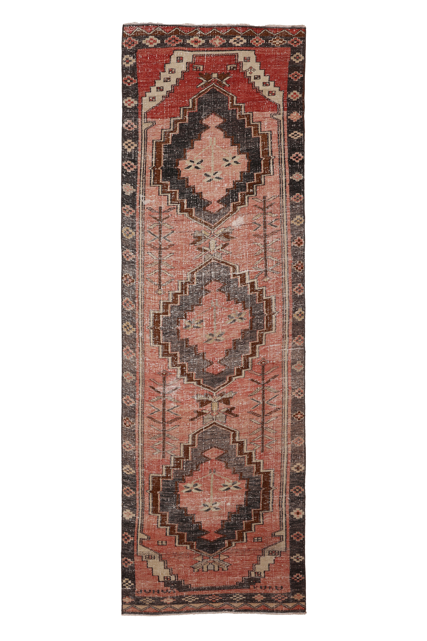 Vintage Malatya Turkish Runner Rug 3x11 ft — Pink & Gray Geometric