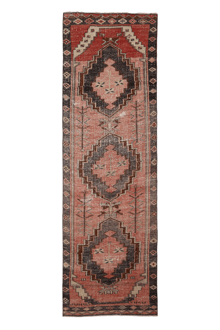 Vintage Malatya Turkish Runner Rug 3x11 ft — Pink & Gray Geometric