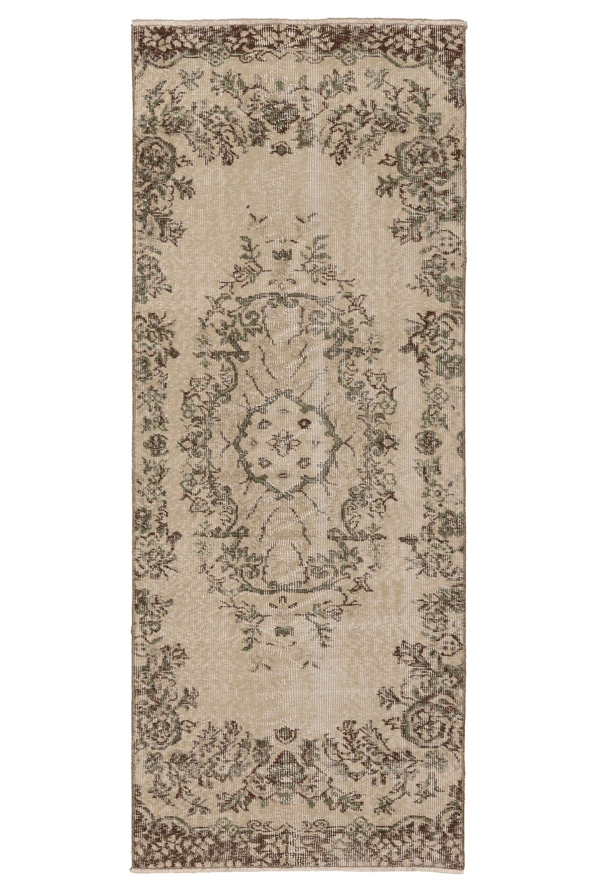 Vintage Isparta Turkish Runner Rug 2x6 ft — Beige & Green Floral