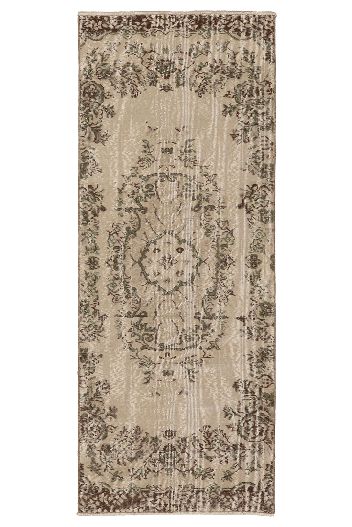 Vintage Isparta Turkish Runner Rug 2x6 ft — Beige & Green Floral