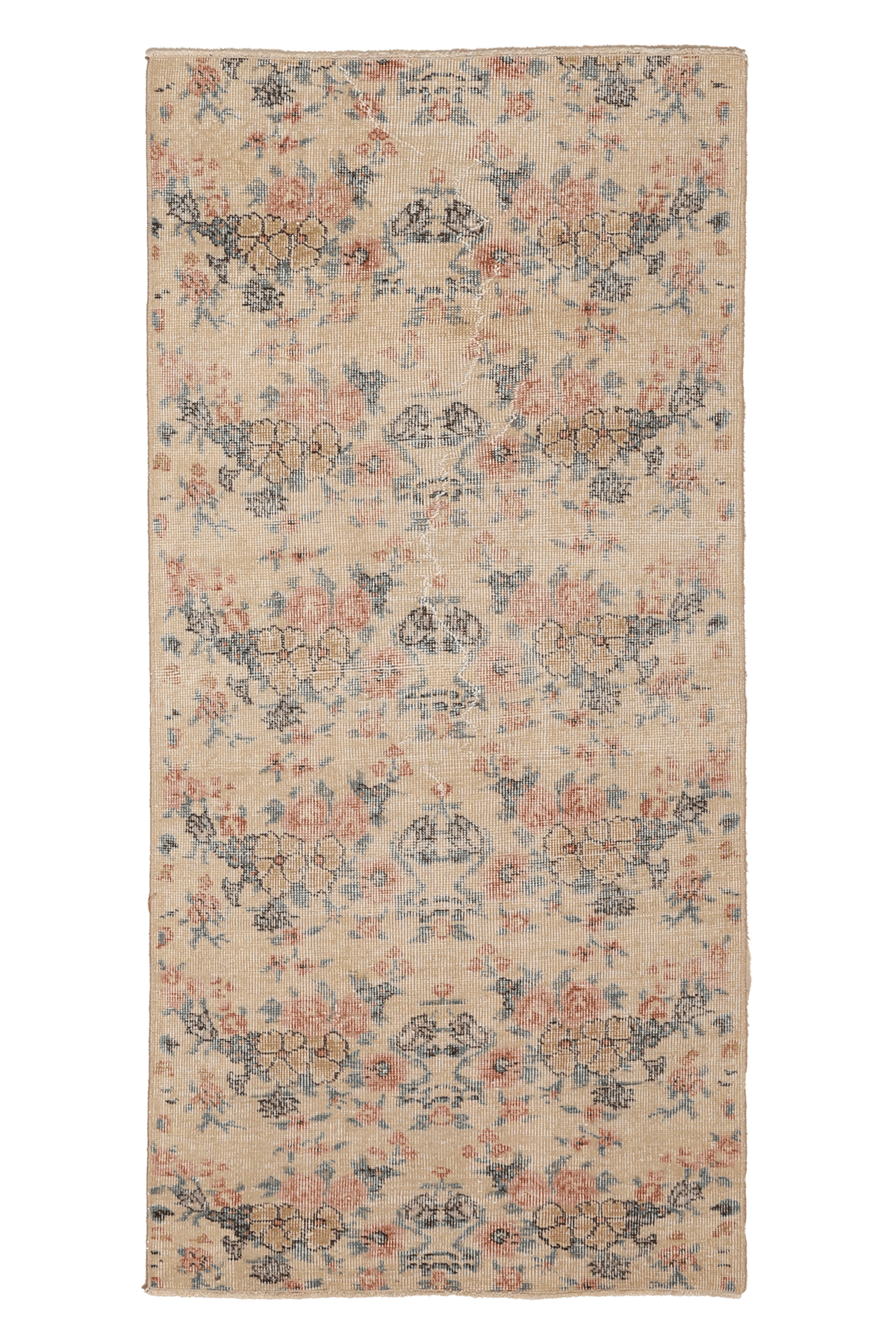 Vintage Isparta Turkish Runner Rug 2x5 ft — Beige & Blue Distressed