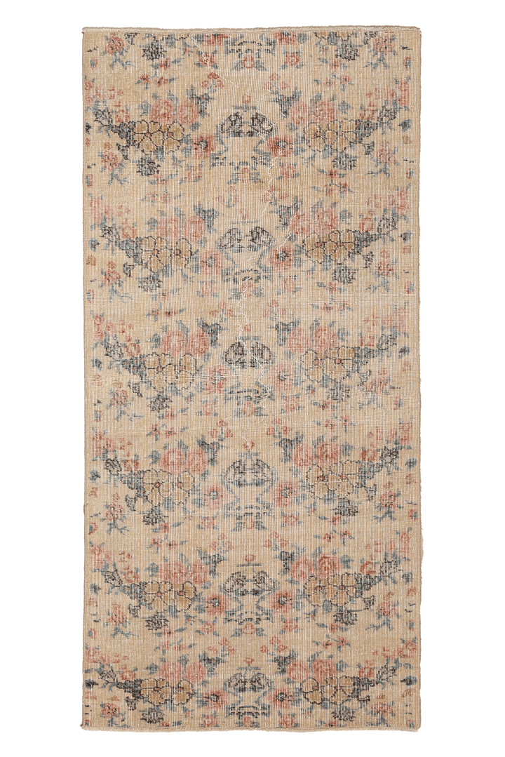 Vintage Isparta Turkish Runner Rug 2x5 ft — Beige & Blue Distressed