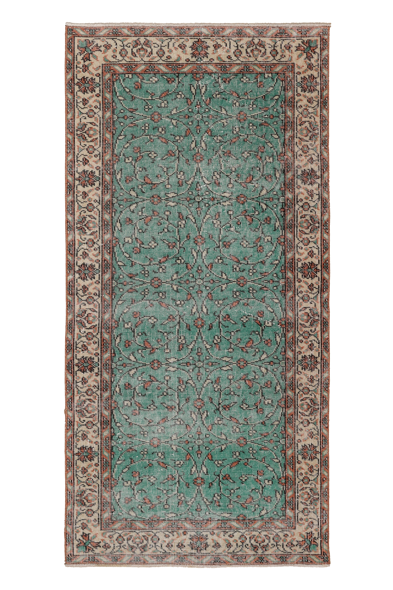 Vintage Isparta Turkish Area Rug 3x6 ft — Green & Beige Floral