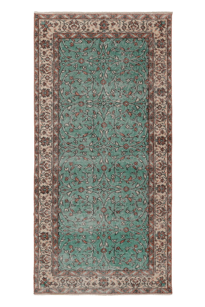 Vintage Isparta Turkish Area Rug 3x6 ft — Green & Beige Floral