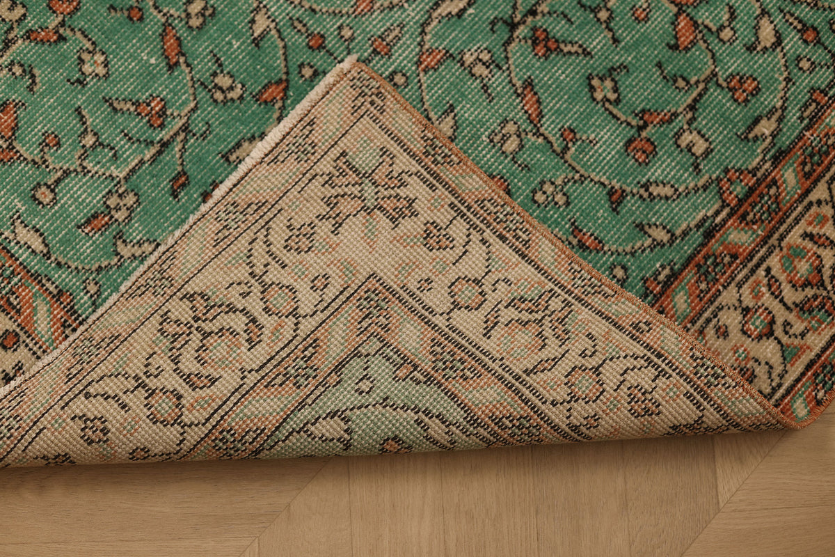 Vintage Isparta Turkish Area Rug 3x6 ft — Green & Beige Floral