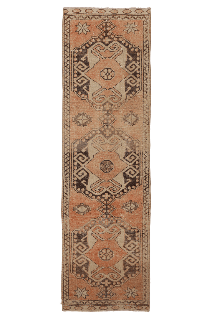 Vintage Malatya Turkish Runner Rug 2x9 ft — Brown & Orange Geometric
