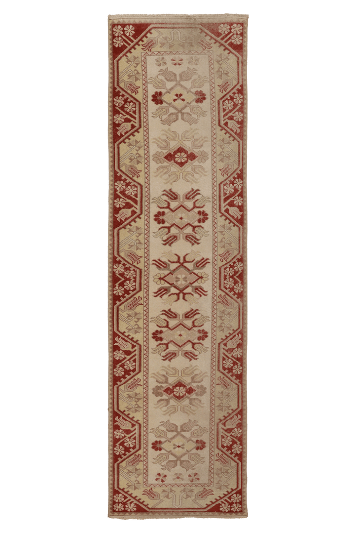 Vintage Muğla Turkish Runner Rug 2x9 ft — Beige & Red Geometric