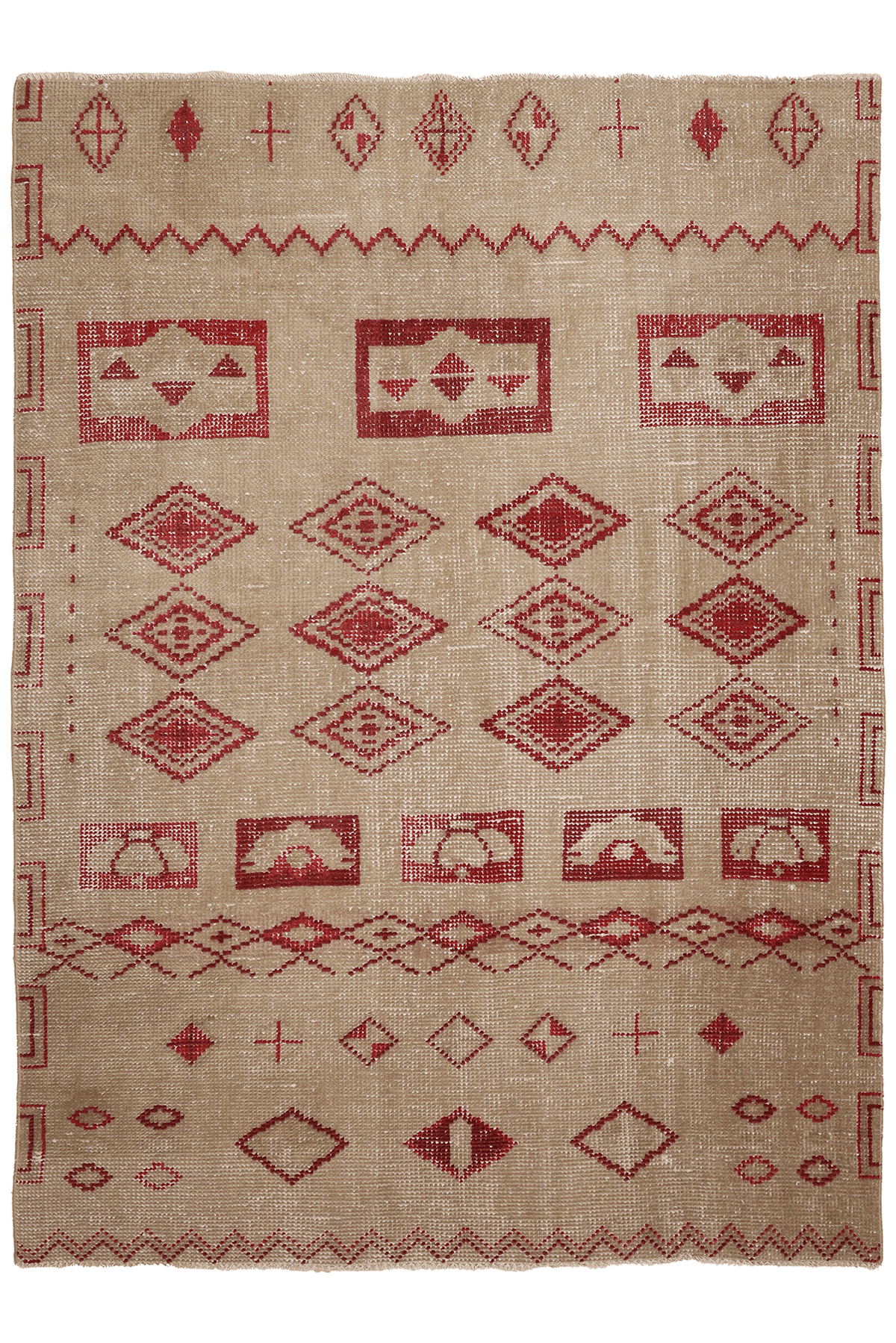Vintage Isparta Turkish Area Rug 5x8 ft — Beige & Red Geometric