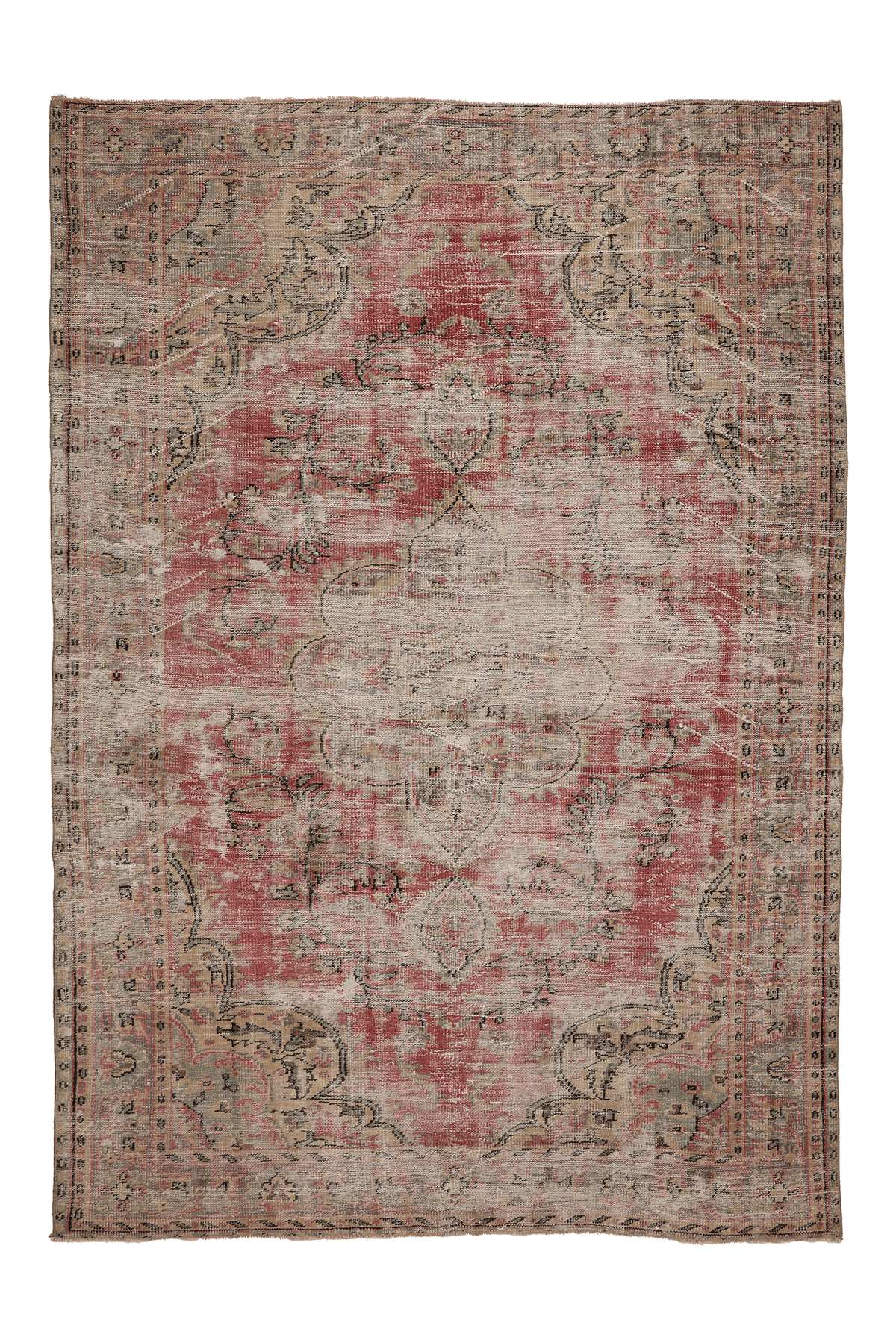 Vintage Manisa Turkish Area Rug 6x9 ft — Red & Beige Distressed (No. 60472)