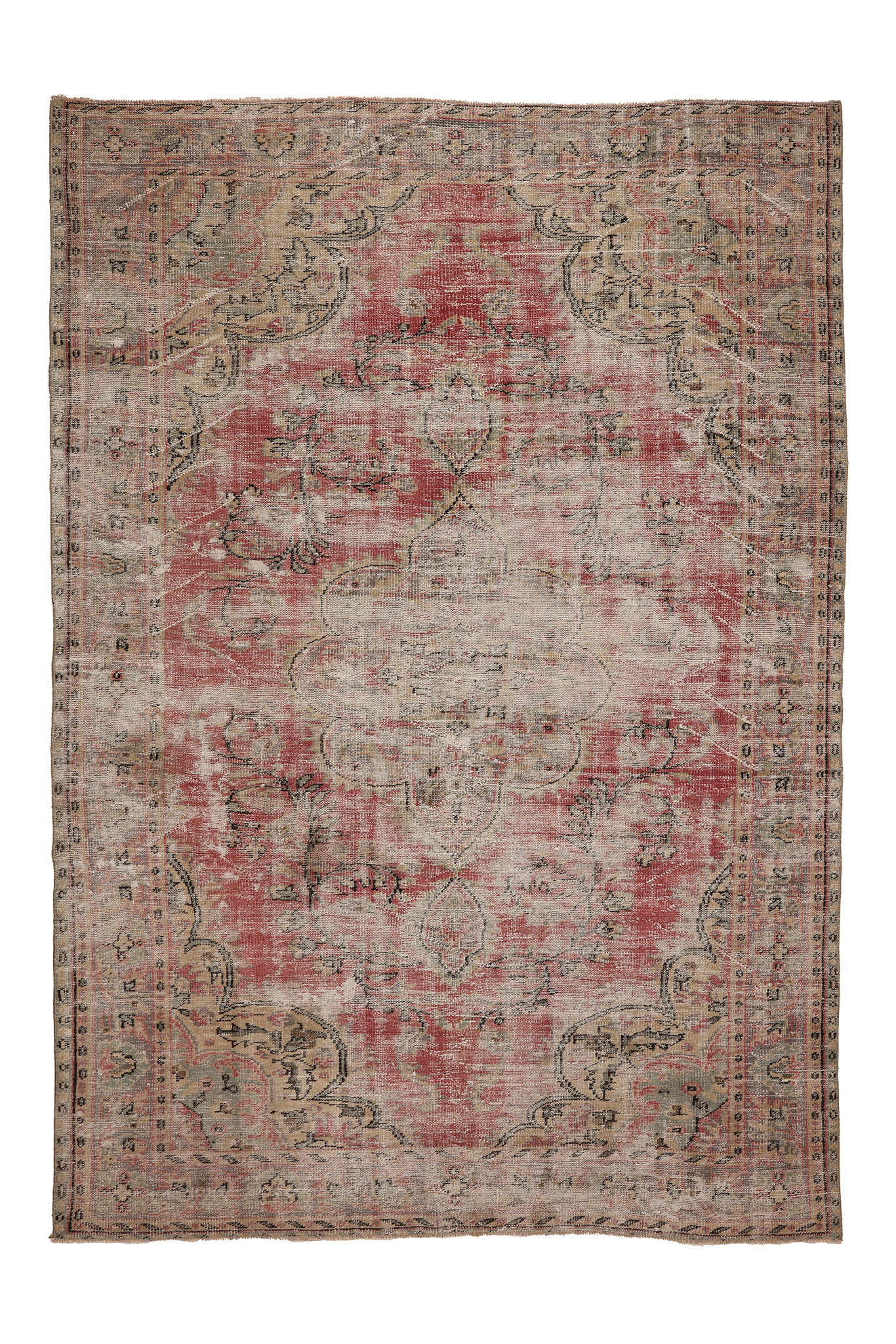 Vintage Manisa Turkish Area Rug 6x9 ft — Red & Beige Distressed (No. 60472)