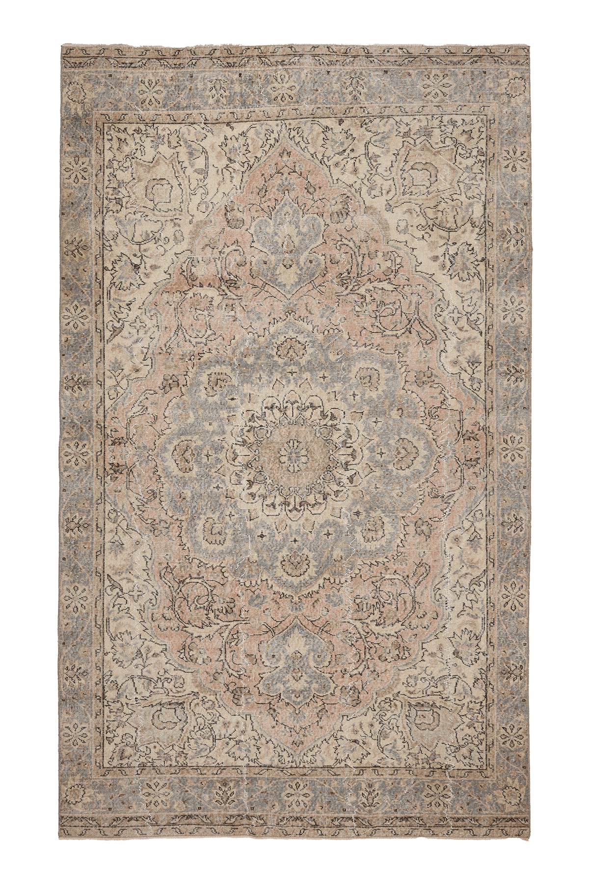 Vintage Isparta Turkish Area Rug 6x10 ft — Beige & Gray Floral (No. 60487)