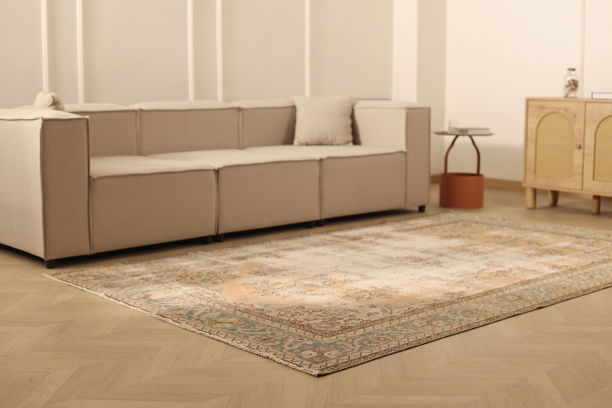 Vintage Isparta Turkish Area Rug 6x9 ft — Beige & Green Floral (No. 60489)