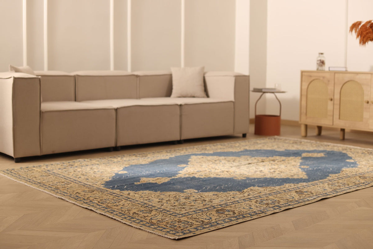 Vintage Isparta Turkish Area Rug 7x11 ft — Blue & Beige Floral