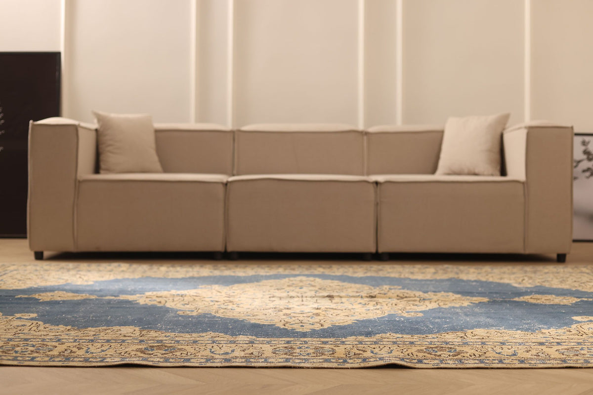 Vintage Isparta Turkish Area Rug 7x11 ft — Blue & Beige Floral