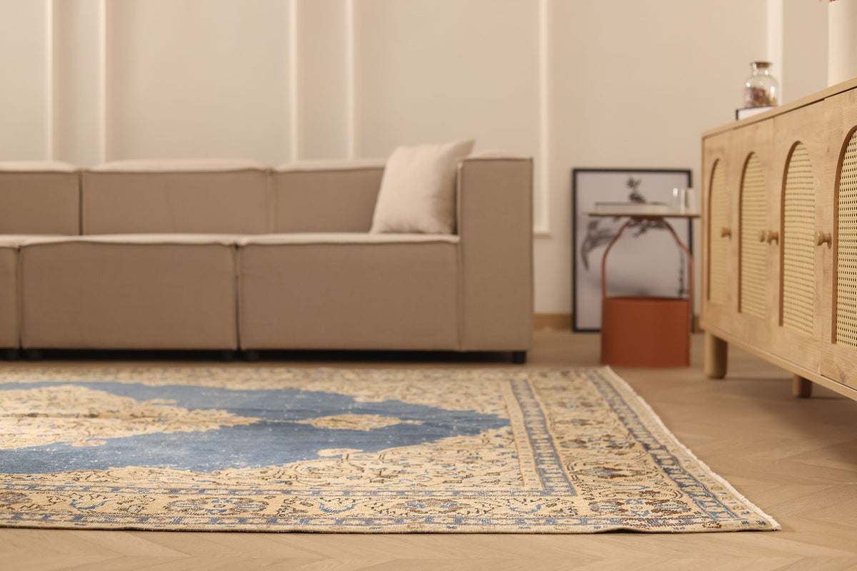 Vintage Isparta Turkish Area Rug 7x11 ft — Blue & Beige Floral