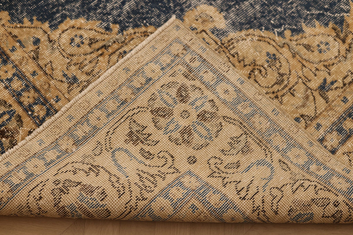 Vintage Isparta Turkish Area Rug 7x11 ft — Blue & Beige Floral