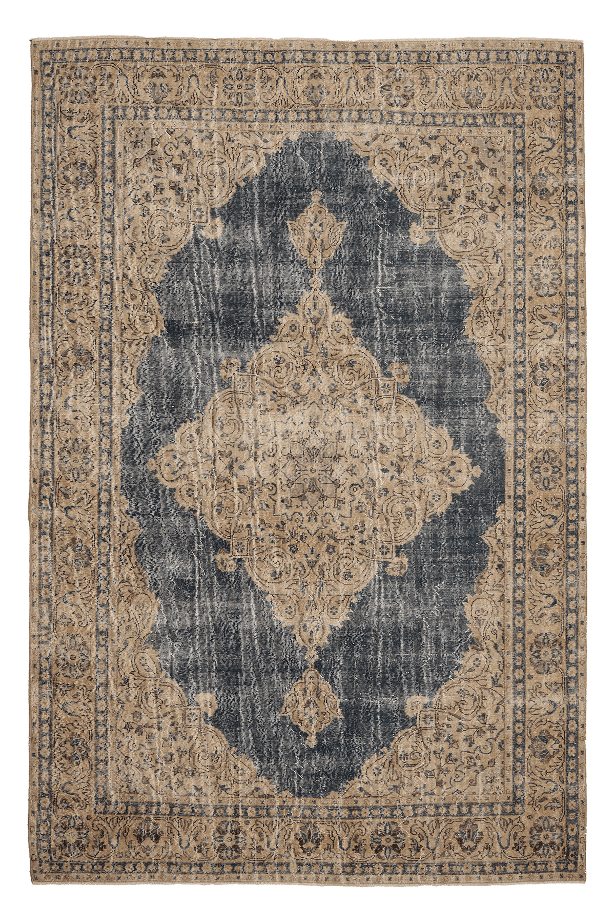 Vintage Isparta Turkish Area Rug 7x11 ft — Blue & Beige Floral