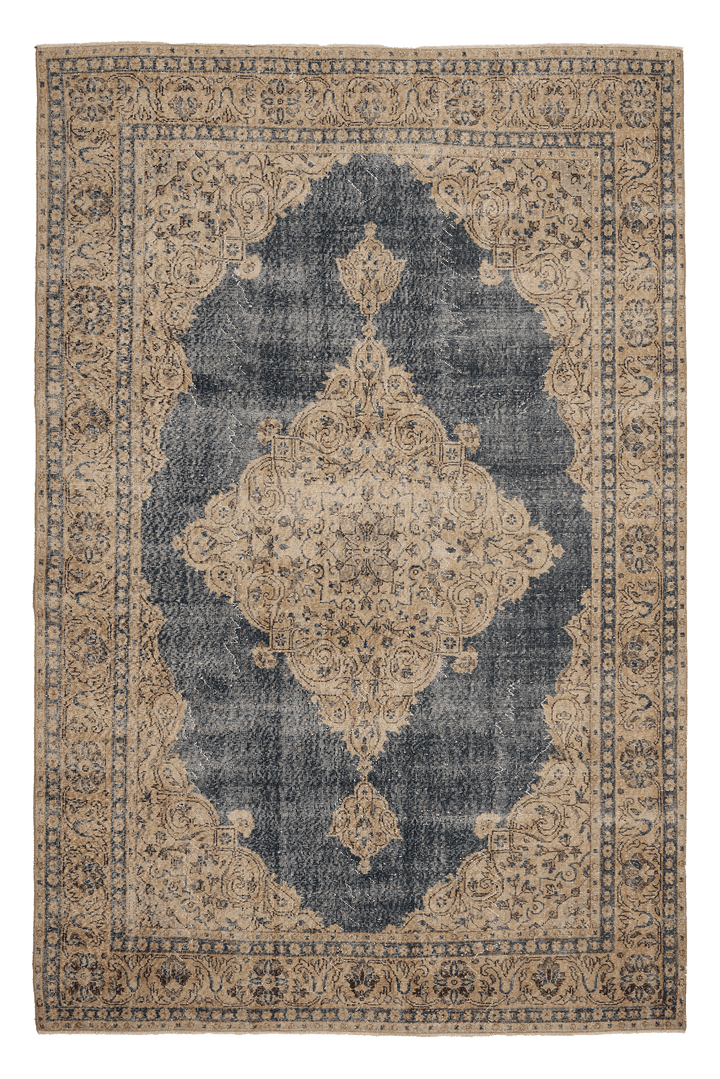 Vintage Isparta Turkish Area Rug 7x11 ft — Blue & Beige Floral