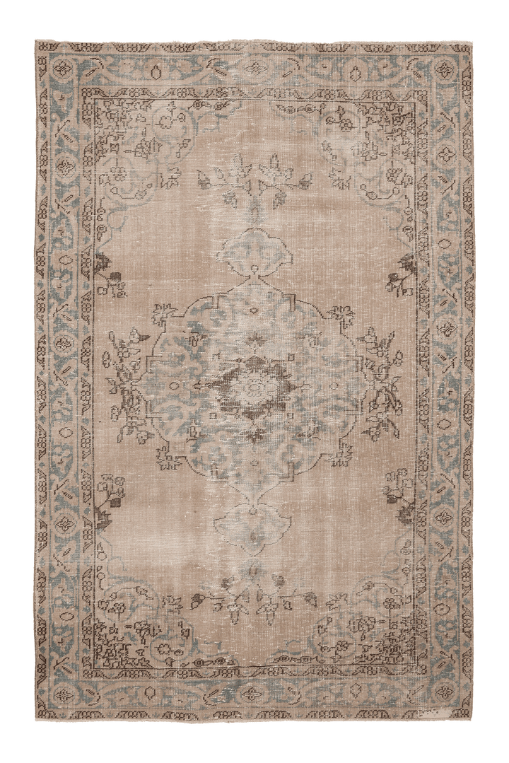 Vintage Isparta Turkish Area Rug 6x9 ft — Beige & Blue Floral