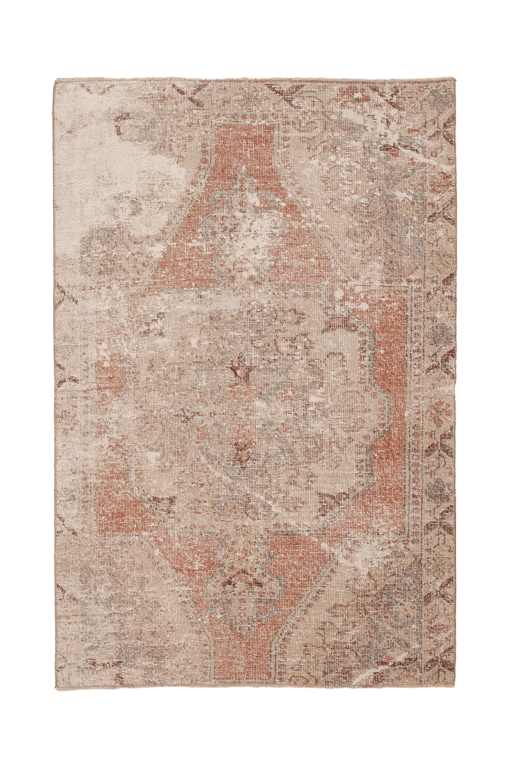 Vintage Nevşehir Turkish Area Rug 4x6 ft — Beige & Orange Floral